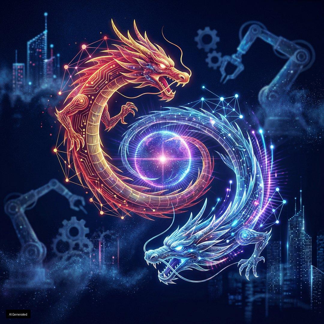 中美 AI 競爭的抽象視覺化，展示了兩條由數據流和神經網絡組成的龍，一條紅色，一條藍色，在動態中相互環繞。