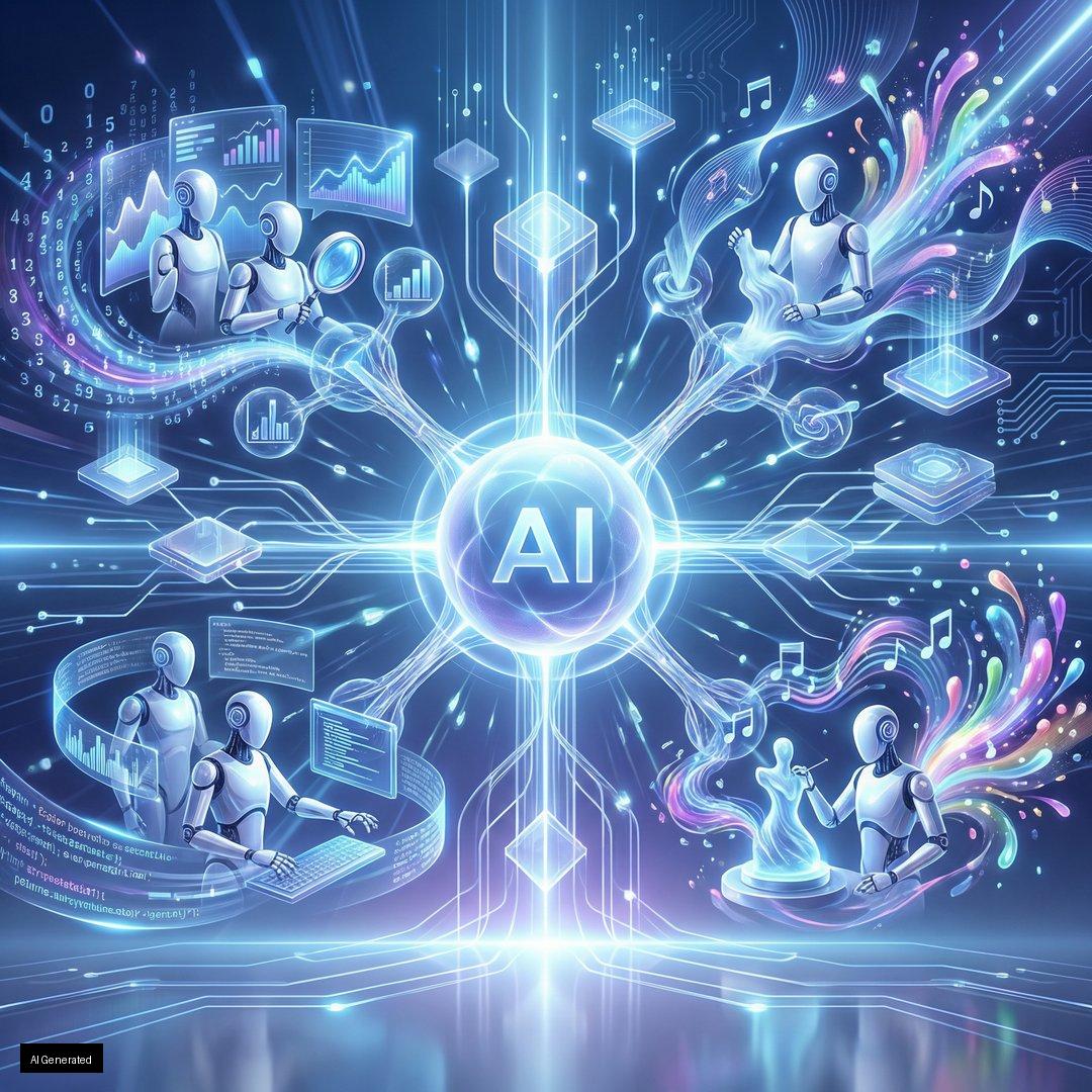 一個代表“AI智能體時代”的抽象插圖，中央有一個發光的核心AI球體，多個較小的智能體從中分支，執行數據分析、編碼和創意工作等各種任務。