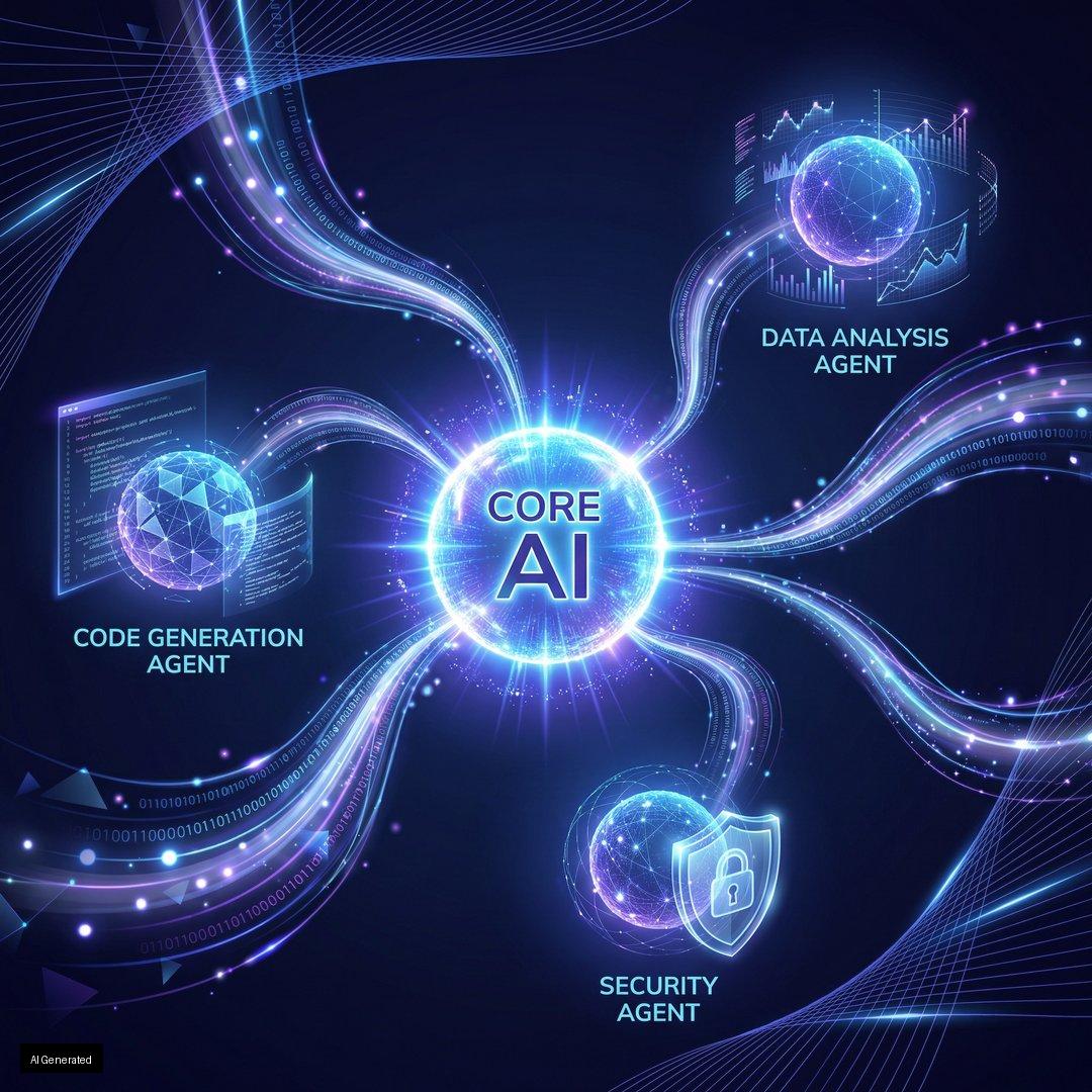 AI 智能體概念的抽象視覺化，展示 AI 認知能力與機器人實體的結合